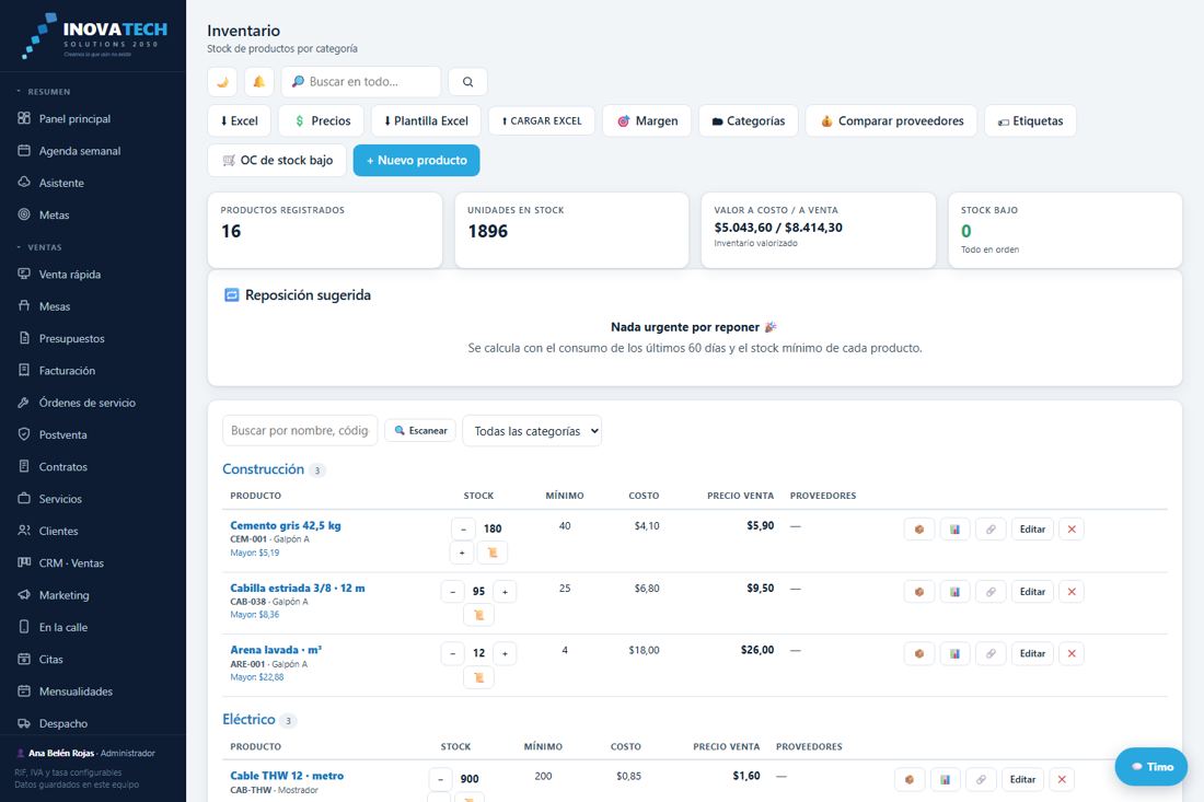 Inventario, captura real del sistema