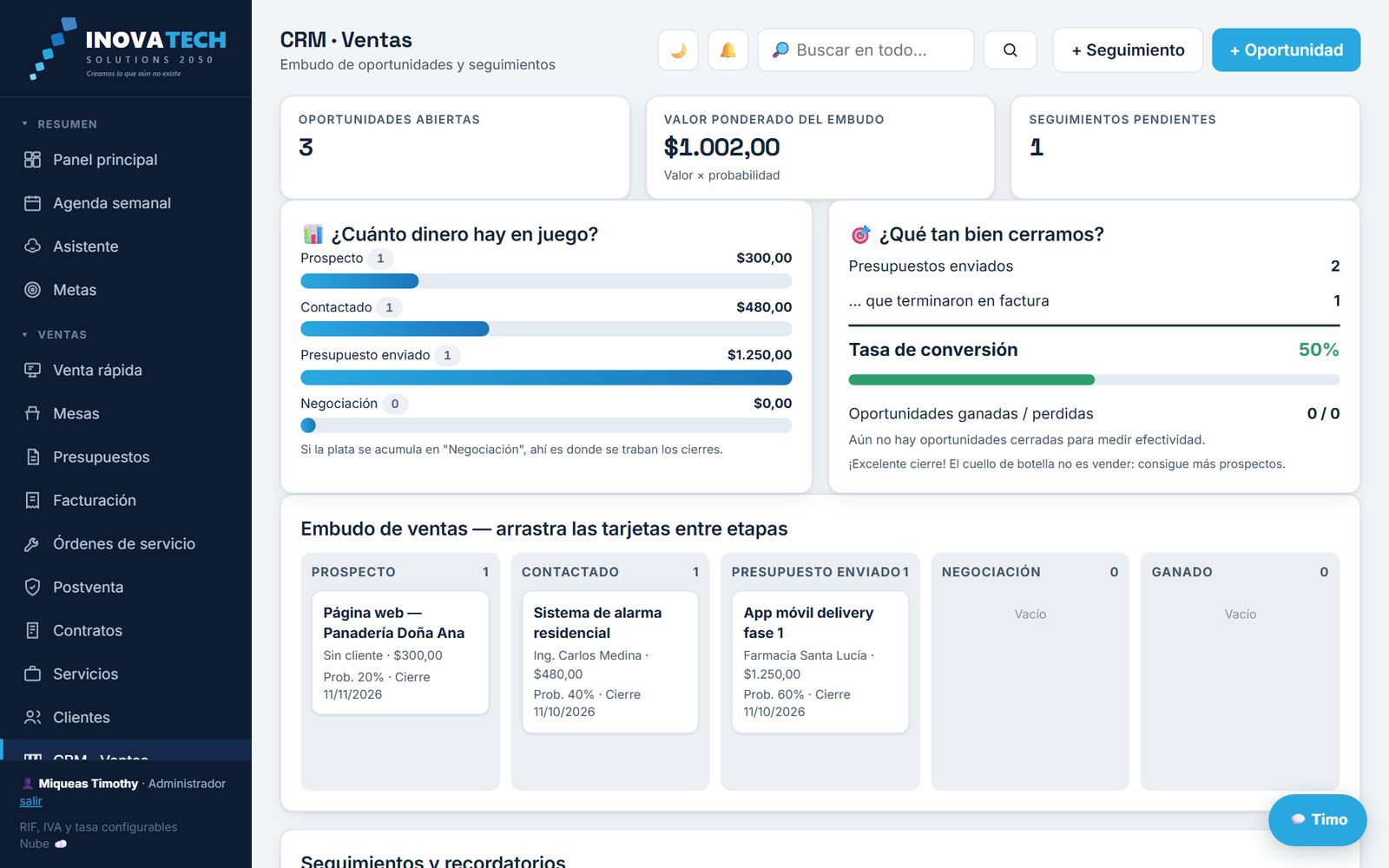 CRM · Ventas: pantalla real del sistema con datos de ejemplo