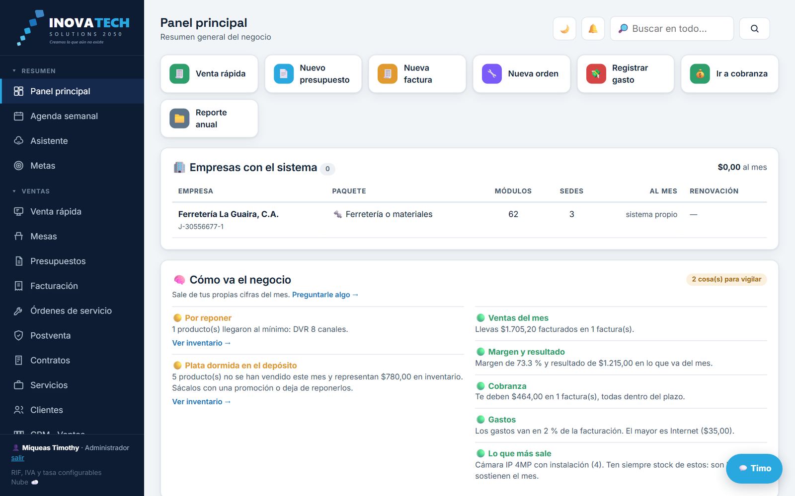 Panel principal: pantalla real del sistema con datos de ejemplo