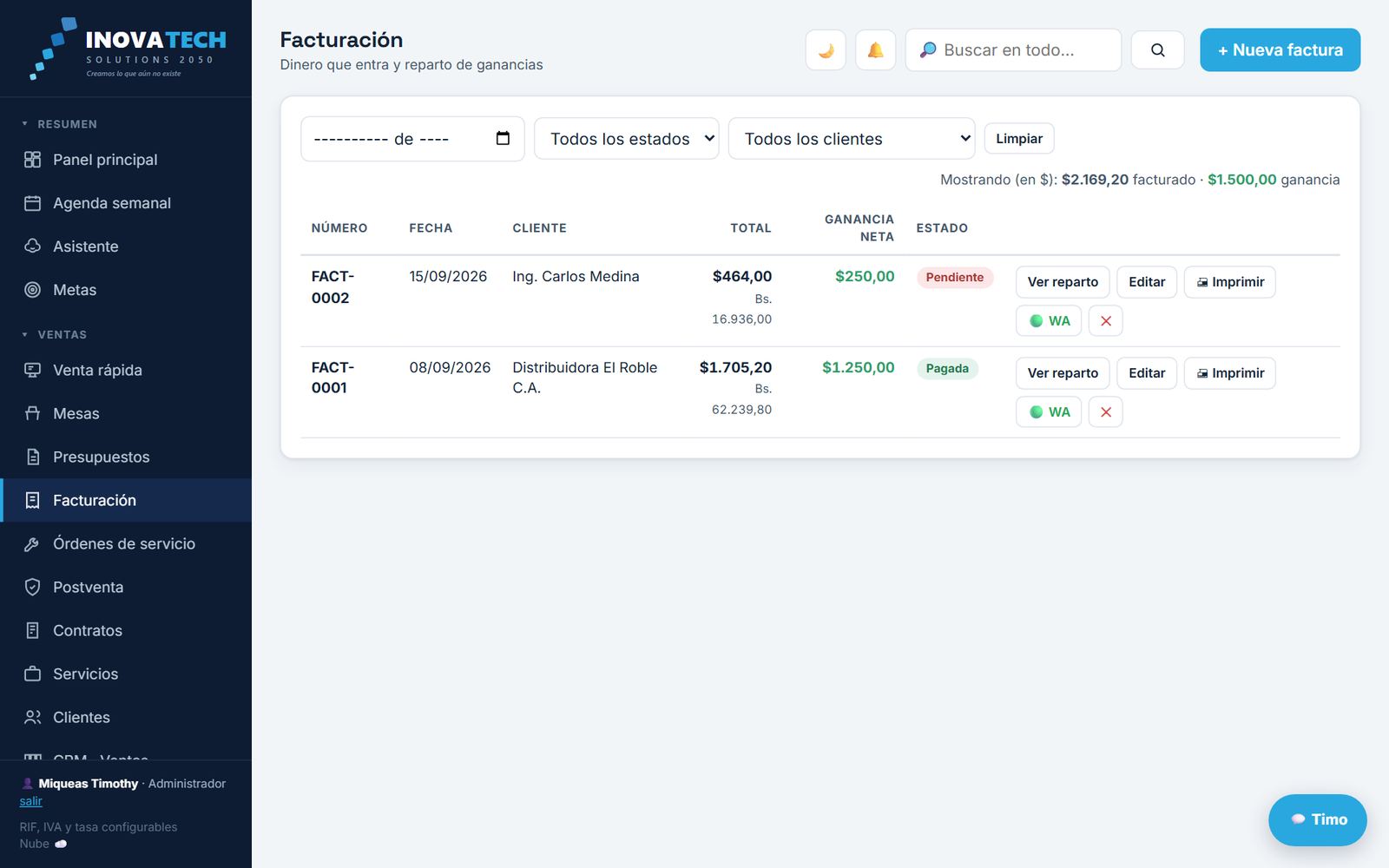 Facturación: pantalla real del sistema con datos de ejemplo