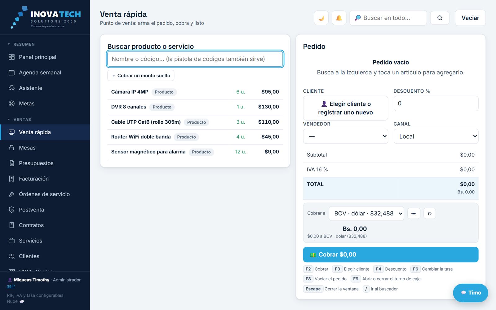 Venta rápida: pantalla real del sistema con datos de ejemplo
